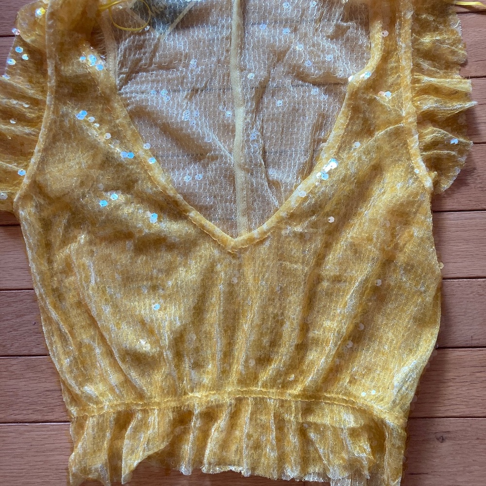 NWT Zara Yellow Sequin Ruffle Sleeve Top Sz Size